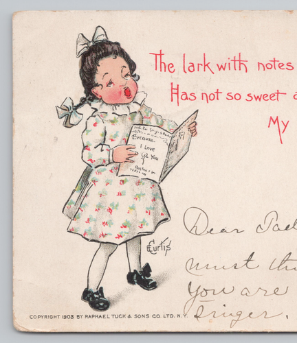 Girl Sings, The Lark with Notes Divine, Valentine Tuck Postcard E. Curtis 1903 - Picture 3 of 6