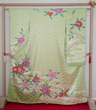 Authentic Japan Kimono Silk Furisode Light Green Floral Embroidery Textile Art