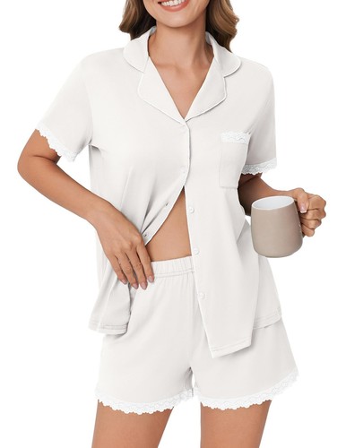 Womens Short Sleeve Pajamas Set Soft Sleepwear Button Down Lounge Set Lace To...