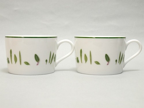 Hermes Mesclun Tea Cup Saucer White Leaf Tableware 2 set Coffee Latte Auth New - Picture 6 of 12