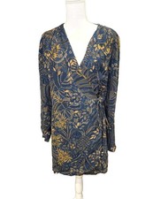 Farm Rio Printed Crepe Mini Wrap Dress, Blue & Gold, Large