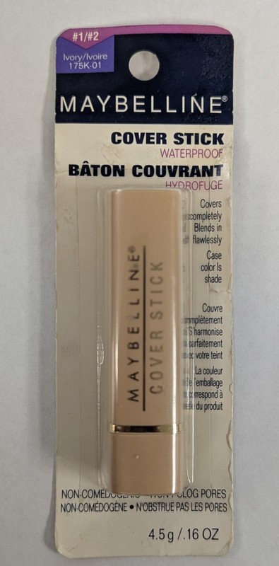 MAYBELLINE WATERPROOF COVER STICK #1/#2 IVORY 175K-01 0.16oz NEW IN PACKAGE