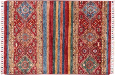 Afghan Ziegler Khorjin Teppich 80x120 Handgeknüpft Rot Streifen Orient g - Bild 1 von 4
