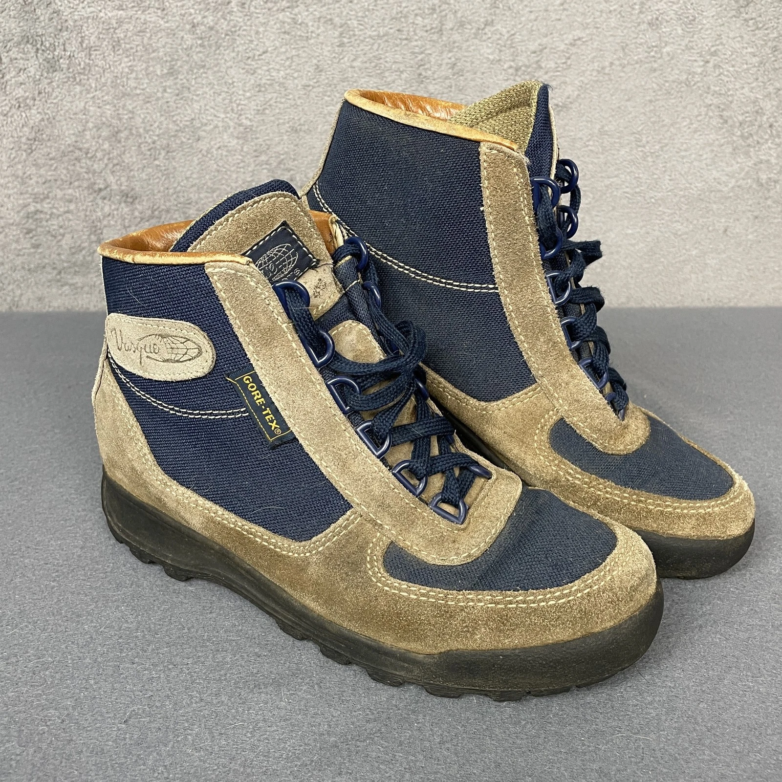 Vintage Vasque Shoes Mens Size 7 Blue Tan Suede Gore-Tex Hiking Boots 7534 80s