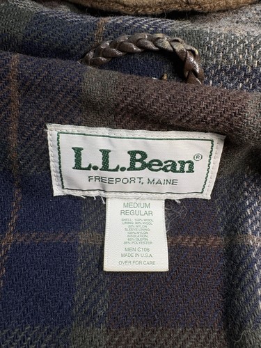 Vtg LL Bean Wool Duffle Coat Men Medium Beige Plaid Hooded Toggle Jacket 90s USA - Picture 5 of 21