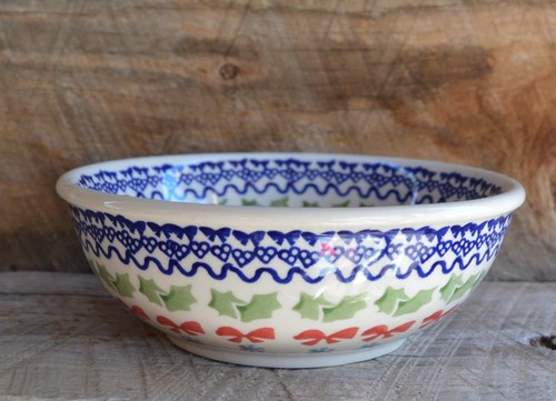 Boleslawiec handgefertigt Polen M Swiderek Suppe Müslischale Stechpalme Schleifen Schneeflocken 6" - Bild 3 von 8