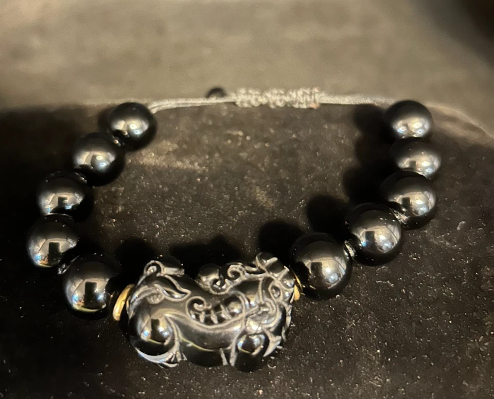Pulseira de Obsidiana Preta Masculina XlyCjkb, Feng Shui Riqueza Lucky Pixiu Pulseira Aj - Imagem 2 de 4