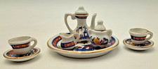 Vintage Dollhouse Miniature Porcelain Asian Themed Tea Set 10 Pc Gold Trim