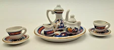 Vintage Dollhouse Miniature Porcelain Asian Themed Tea Set 10 Pc Gold Trim