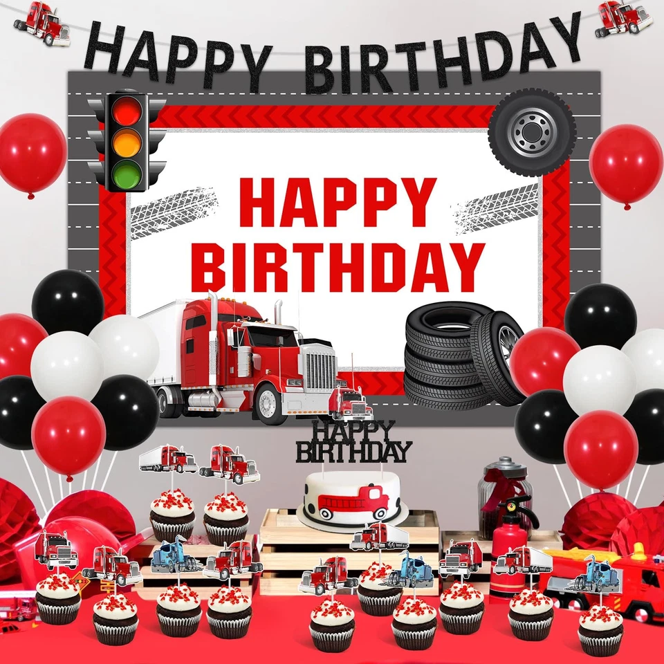 Camión pesado decoraciones de fiesta de cumpleaños semi camión feliz cumpleaños telón de fondo Dut... Foto 3 de 4