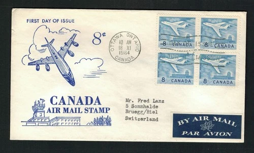 Canada #436, 1964 8¢ Jet block, 32¢ Air rate to Switzerland, Ginn cachet FDC VF