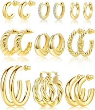 9 Pairs Gold Hoop Earrings Set for Womens Twisted Huggie Hoops Earrings 14K 18K