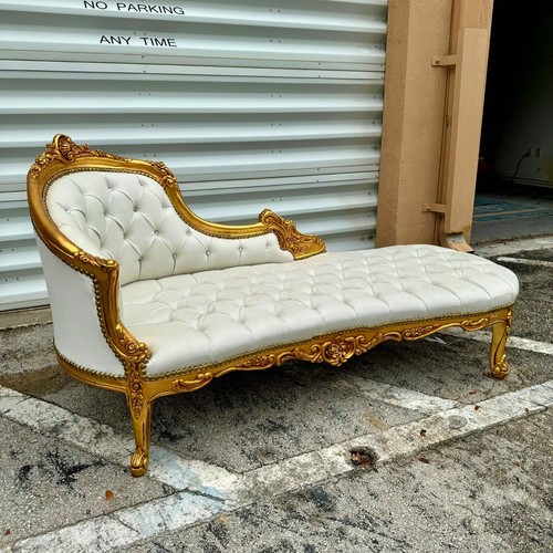 Chaise Lounge Off-White Leather Furniture Rococo Style Gold Leaf Details - Picture 7 of 9