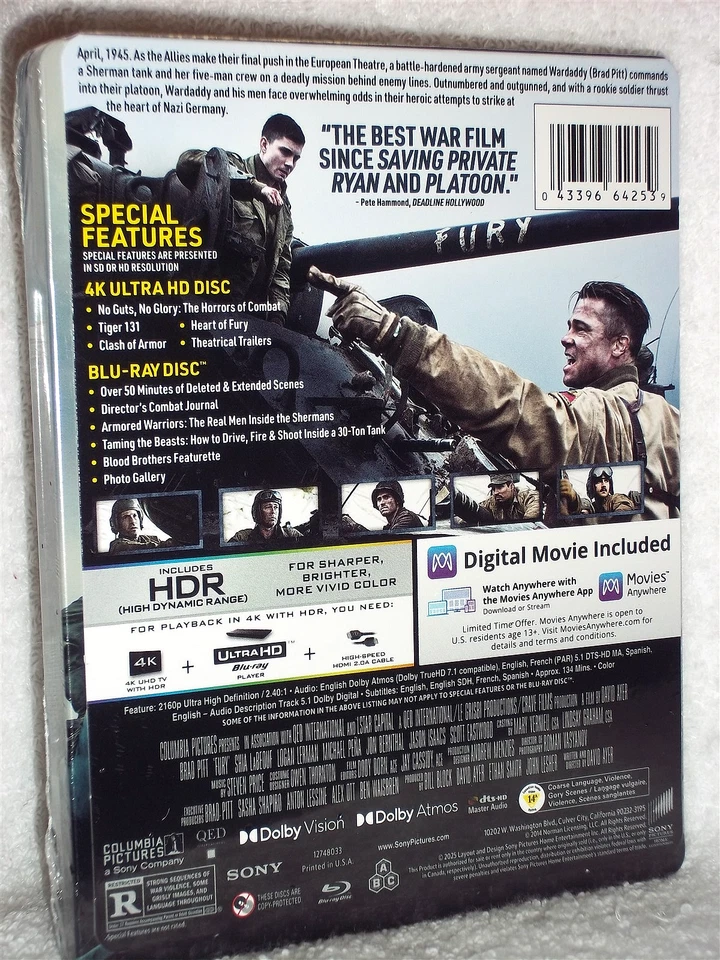 Fury (4K/Blu-ray, 2025, STEELBOOK) NEW Brad Pitt Michael Pena war tank drama Foto 3 de 4