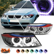 For 05-08 BMW E90 3-Series RGB Color LED Halo Projector Headlight M-Sport Chrome
