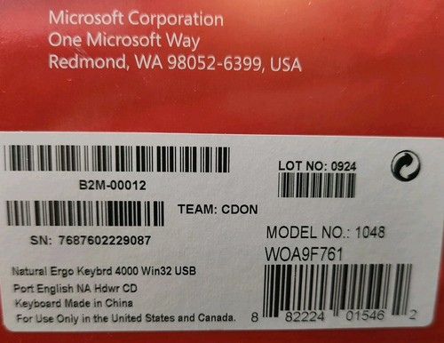 NEW, Microsoft Natural Ergonomic 4000 (B2M-00012) Wired Keyboard, Unopened!! - Picture 9 of 9