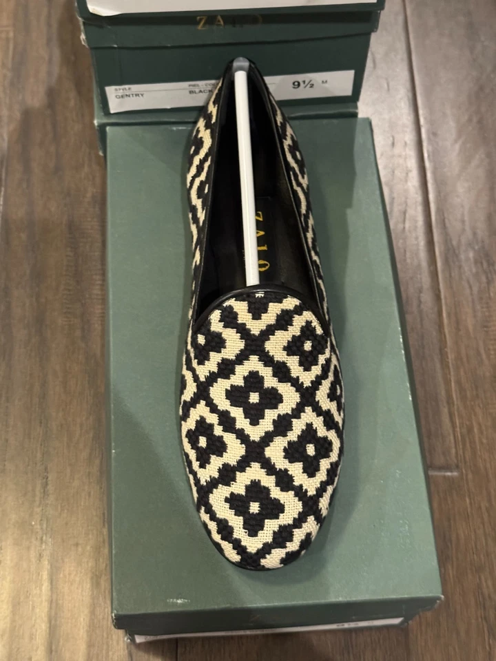 Mocasín Zalo Gentry Paris negro blanco cosido sin cordones punta de aguja geométrica NUEVO Foto 4 de 4