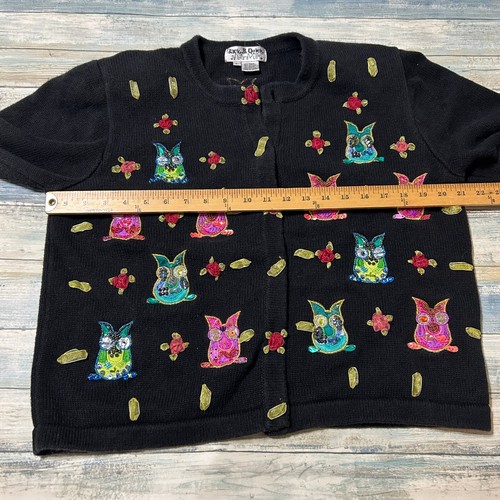 Jack B. Quick Beaded Owl Halloween Cardigan Sweater Large Black Embellished Bird - Picture 6 of 9