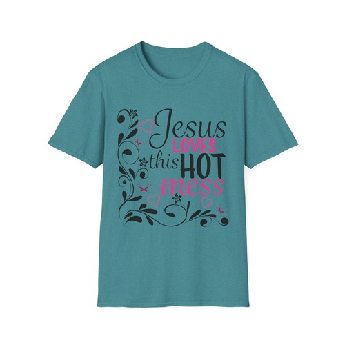 Jesus Loves This Hot Mess T-Shirt, Funny Christian Tee, Unisex Premium Cotton - Picture 30 of 45