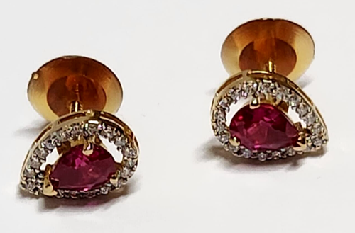 Stunning! 22K Yellow Gold Genuine Diamond & Ruby Ladies Teardrop Stud Earrings - Picture 8 of 10