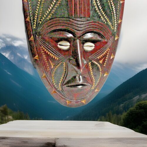 Vintage 1950s 65cm Tribal Hand Carved Wood Mask, Warrior, Birds Sepik New Guinea - Picture 10 of 15