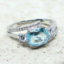 AWESOME 2 CT OVAL AQUAMARINE BLUE 925 STERLING SILVER RING SIZE 5-10