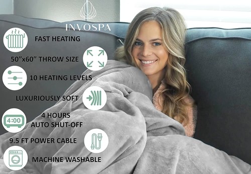 Electric Throw Heated Blanket - 50" x 60" Gray Fast Heating 10 Heat Levels - Picture 5 of 9