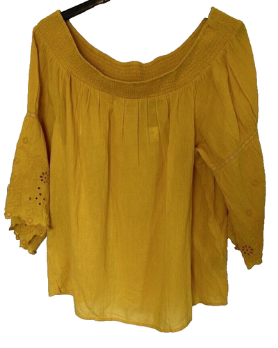 Lane Bryant Womens Blouse Top 22/24 Yellow Eyelet Peasant Boho Off Shoulder NWT