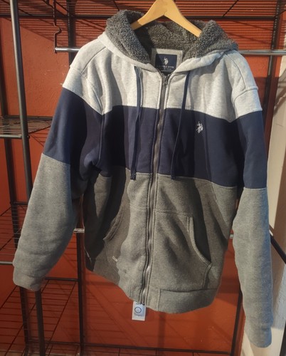 U.S. POLO Lined Hoodie Gray Blue White Striped XL CLEAN
