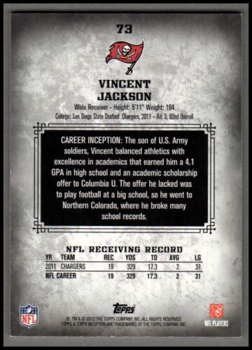 2012 Topps Inception Red #73 Vincent Jackson #d 21/50 BUCCANEERS - NM - Foto 2 di 2