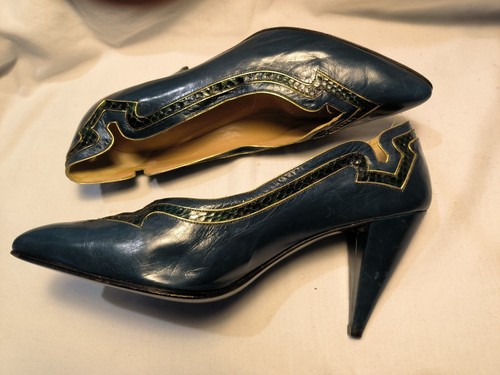 Maud Frizon Green Leather, Reptile Accent Almond toe pump Sz. 9 - Picture 3 of 4
