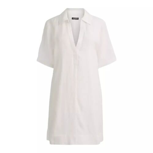 J. Crew Bungalow Popover Dress in Linen Sz Small White Short Sleeve V-Neck BY799