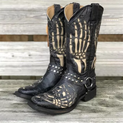 Herren Bestickt Cowboy Western Schuhe Totenkopf Muster Eckige Zehe Leger Stiefel - Bild 6 von 7