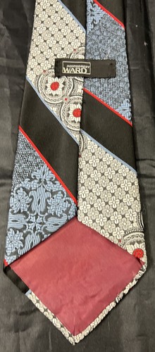 Vintage Wide Neck Tie Geometric Stripe Red Blue Black Gray Polyester Ugly Funky - Picture 9 of 12