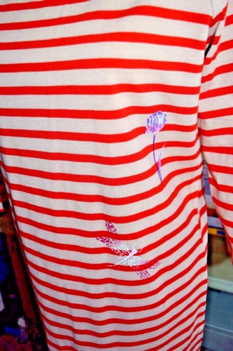 NEW Beige & Red Striped Dress with Hand Printed Tulips and Dragonflies - Picture 2 of 5
