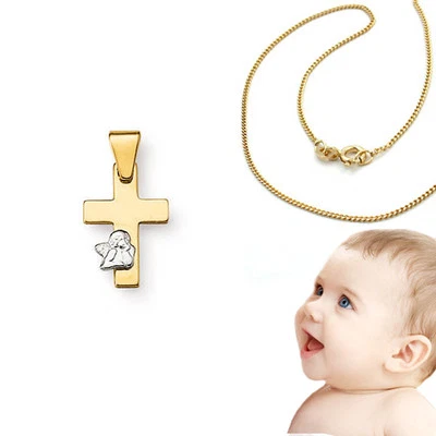 FACHHANDEL-DIREKT Kreuz Anhänger Echt Gold 585 Engel Weißgold mit 36cm Kette Silber 925 vergoldet