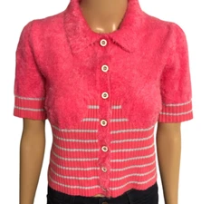 House of Sunny Pink Plush Fuzzy Copped Sweater Sz 6 Puff Sleeves Button Front