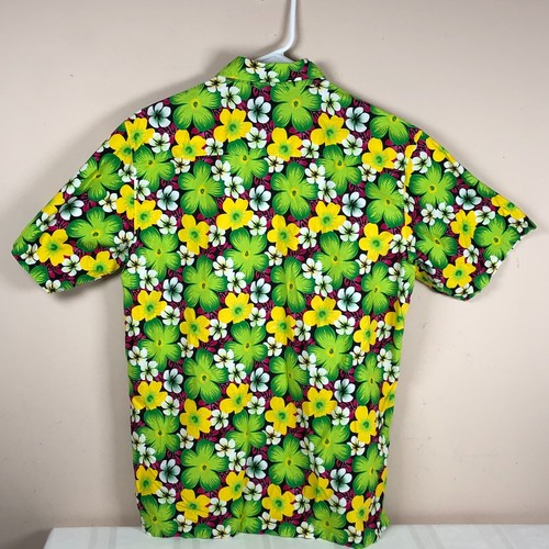 Mens Hawaiian Shirt Large Plumeria Flowers Neon Green Tropical Aloha Friday - Picture 2 of 4