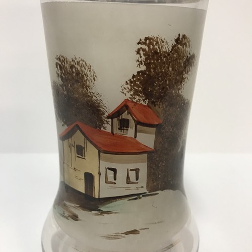 Bottiglia liquore decanter vetro trasparente dipinta a mano vintage anni 20 casa alberi paesaggio - Foto 2 di 12
