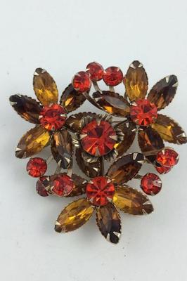 Vintage 1950's Topaz Brown & Orange Floral Flower Brooch Pin