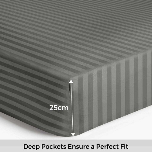 Satin Stripe Fitted Sheet 25cm Microfiber Hotel Quality Double Striped All Size - Picture 8 of 114