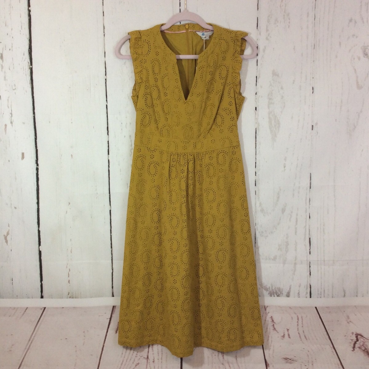 Boden Women s Dress Size US 2P UK 6P Mustard Yellow Eyelet A Line Midi NWT