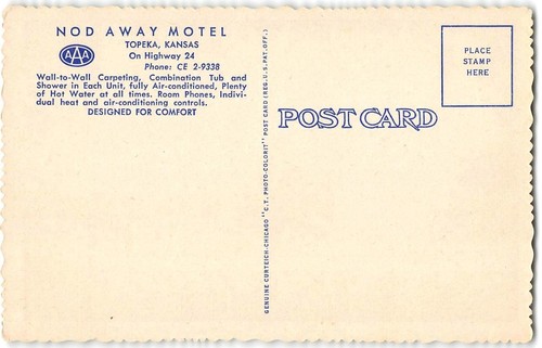 Postal vintage de lino de Topeka, Kansas NOD-AWAY MOTEL Roadside años 40 - Imagen 2 de 2