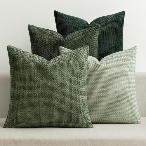 Pack of 4 Couch Throw Pillow Covers 18X18 Inch Green Soft Decorative Chenille Pi - Picture 9 of 12