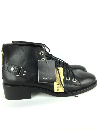 Zara Black Leather Flat Ankle Boots Gold Eyelets UK7 EUR40 US9 - Picture 2 of 6