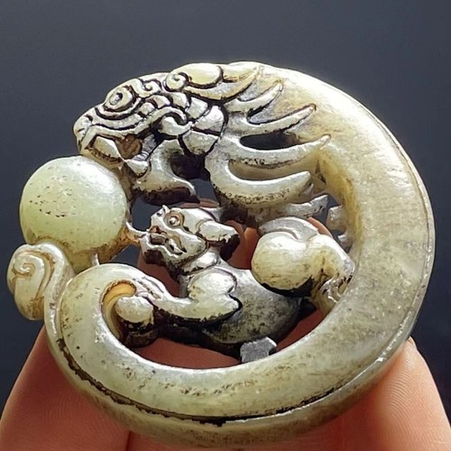 Chinese Antique Xiuyan Jade Carved Dragon Ball Necklace Pendant - Picture 6 of 6
