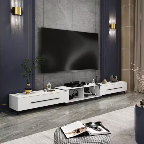 New Modern White Wood TV Console Adjustable Length Fits 100" TVs & Drawers - Picture 2 of 12