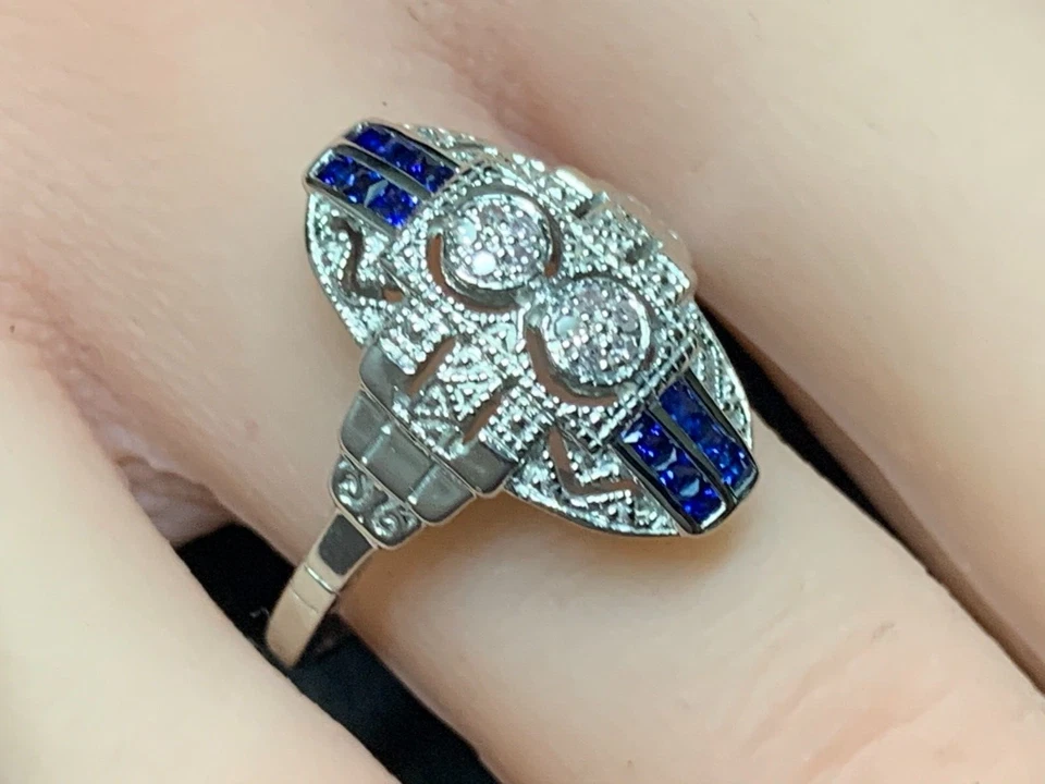 Saphir Ring  Saphir & Brillant  Art Deco Stil  925er Silber   Gr. 56 - Bild 4 von 4