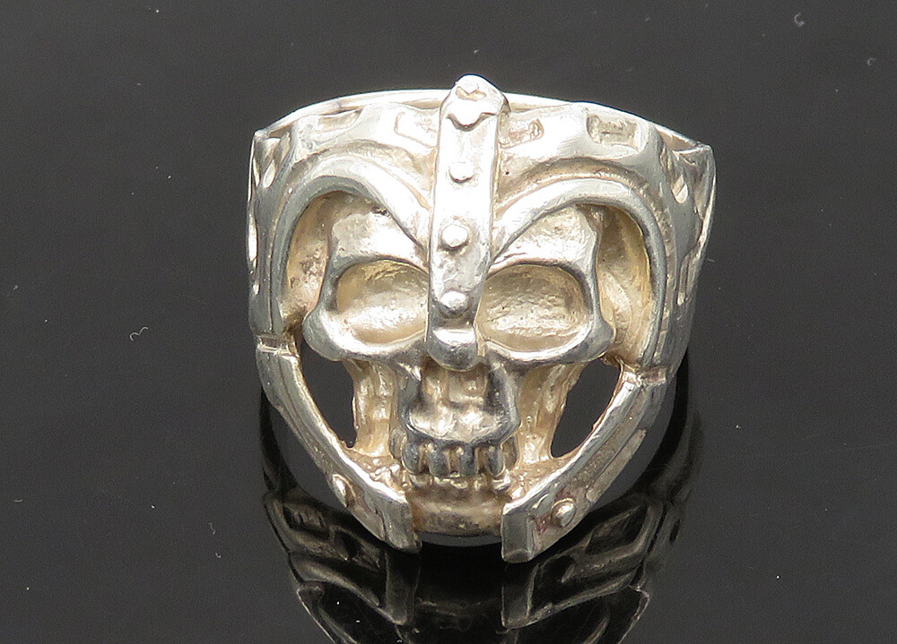 925 Sterling Silver C Z Skull & Cross Design Wide Biker Ring