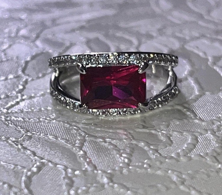 Lab Created Ruby Silver Cocktail Ring with Cubic … - image 4